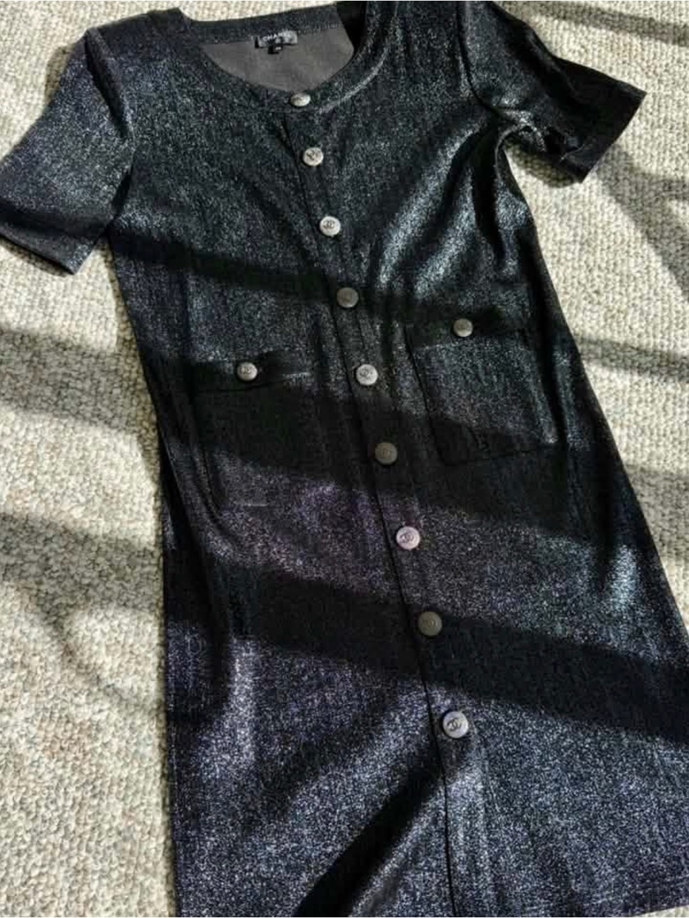 CHANEL Black Shimmer Button-Front Midi Dress
